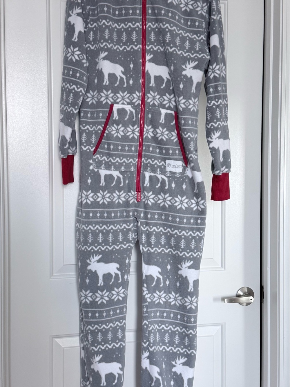 Tipsy Elves Grey and White Moose Print Onesie with Red Trim